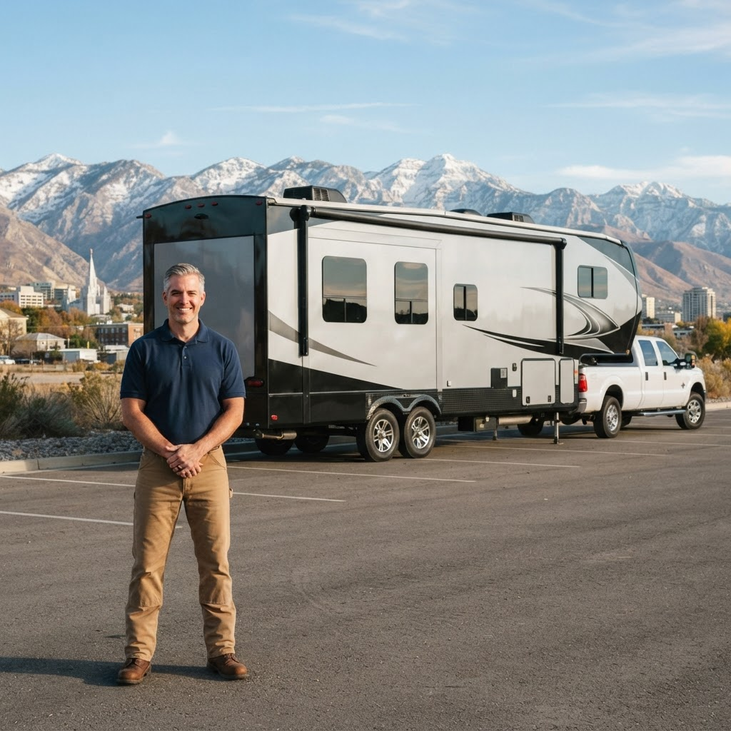 Sky's Toy Service technician beside a travel trailer with the Wasatch Mountains behind the Utah city skyline